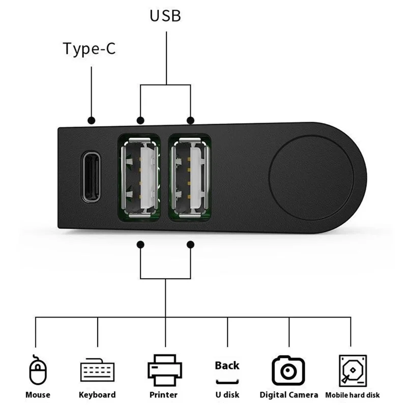 YH-036-2.0 Mini Portable USB Hub 270-Degree Rotating Type-C + 2 x USB2.0 Expansion Dock - Black