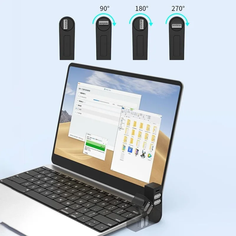 YH-036-2.0 Mini Portable USB Hub 270-Degree Rotating Type-C + 2 x USB2.0 Expansion Dock - Black