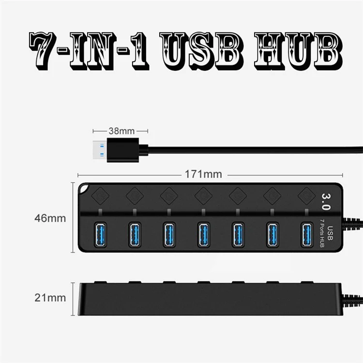 Hub USB 3.0 à 7 Ports pour Transfert de Données Haute Vitesse avec Interrupteurs Individuels pour Ordinateur Portable et de Bureau