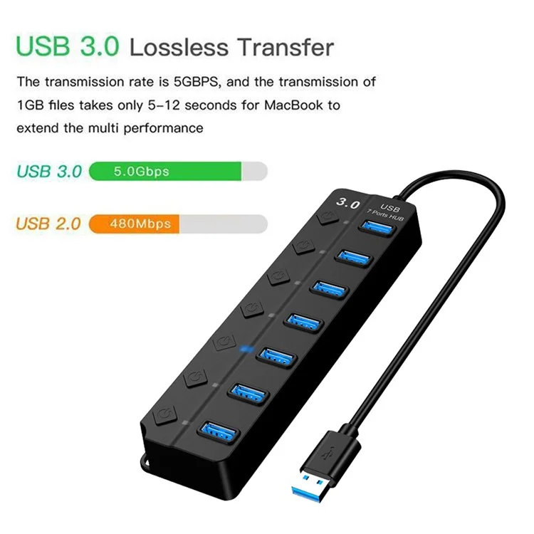 Hub USB 3.0 à 7 Ports pour Transfert de Données Haute Vitesse avec Interrupteurs Individuels pour Ordinateur Portable et de Bureau