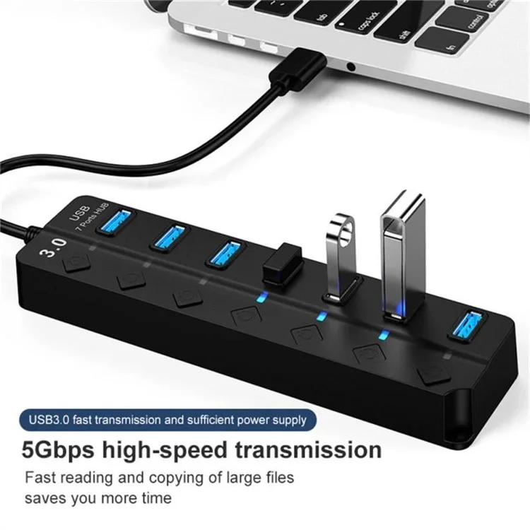 Hub USB 3.0 à 7 Ports pour Transfert de Données Haute Vitesse avec Interrupteurs Individuels pour Ordinateur Portable et de Bureau