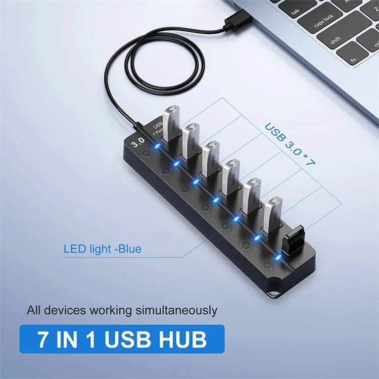 Hub USB 3.0 à 7 Ports pour Transfert de Données Haute Vitesse avec Interrupteurs Individuels pour Ordinateur Portable et de Bureau