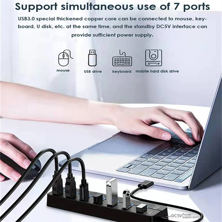 Hub USB 3.0 à 7 Ports pour Transfert de Données Haute Vitesse avec Interrupteurs Individuels pour Ordinateur Portable et de Bureau