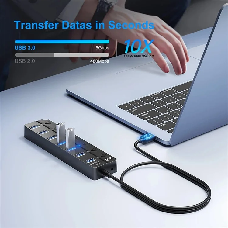 Hub USB 3.0 à 7 Ports pour Transfert de Données Haute Vitesse avec Interrupteurs Individuels pour Ordinateur Portable et de Bureau