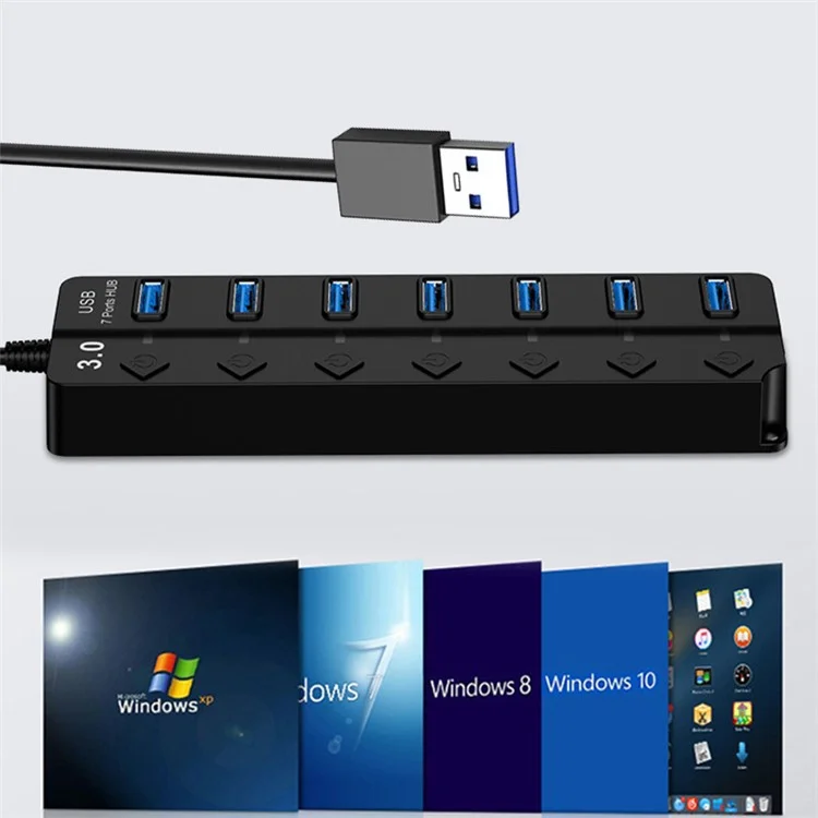 Hub USB 3.0 à 7 Ports pour Transfert de Données Haute Vitesse avec Interrupteurs Individuels pour Ordinateur Portable et de Bureau