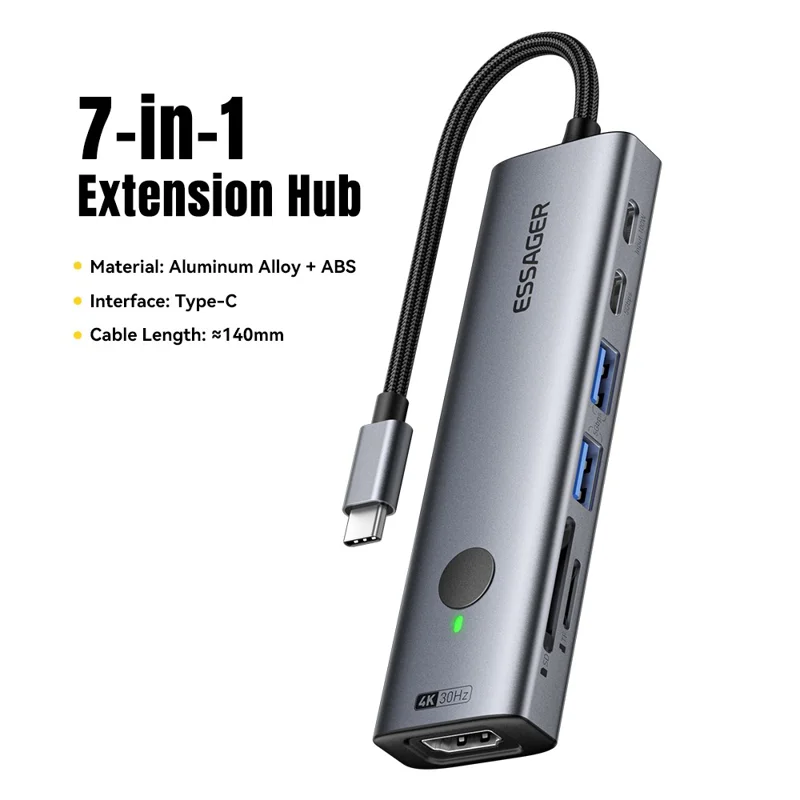 ESSAGER 7 In 1 Expansion Hub with 4K 30Hz HDMI / Type C / USB 3.0 / SD TF Card Slot Docking Station