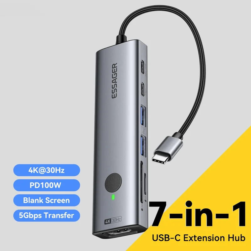 ESSAGER 7 In 1 Expansion Hub with 4K 30Hz HDMI / Type C / USB 3.0 / SD TF Card Slot Docking Station