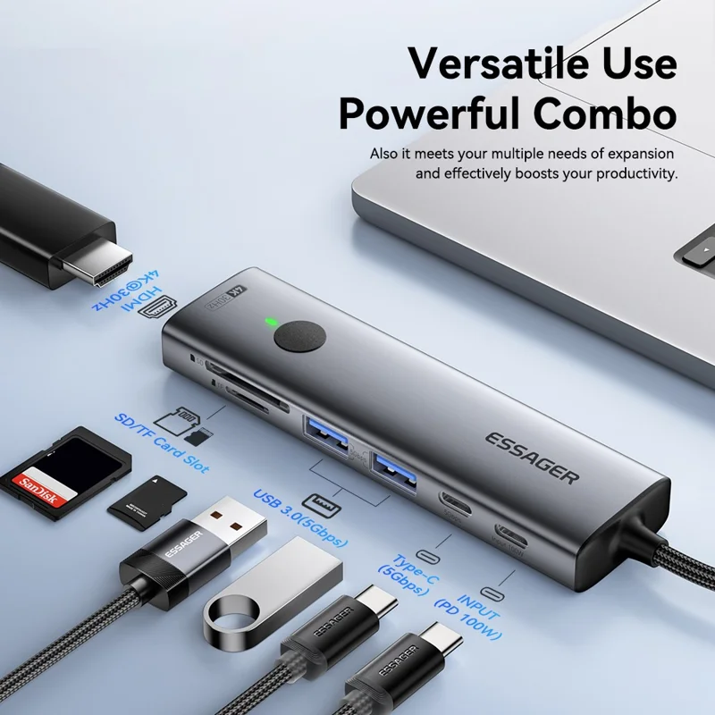 ESSAGER 7 In 1 Expansion Hub with 4K 30Hz HDMI / Type C / USB 3.0 / SD TF Card Slot Docking Station