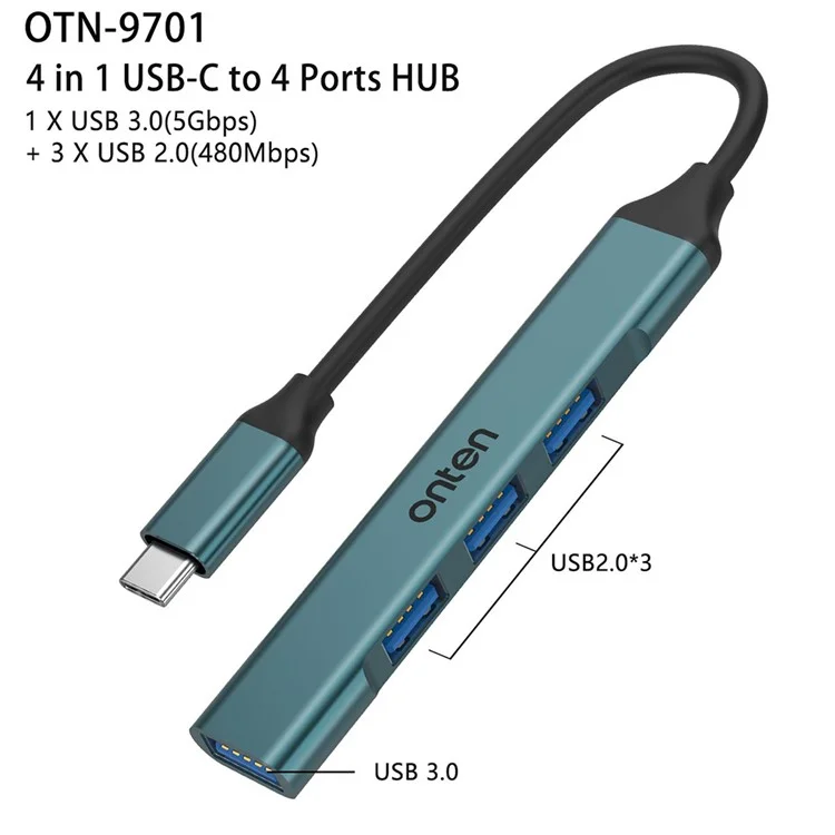 ONTEN OTN-9701 Портативный концентратор Тип-C 3.0 в USB 3.0 + 3xUSB 2.0 Алюминиевый сплав Адаптер