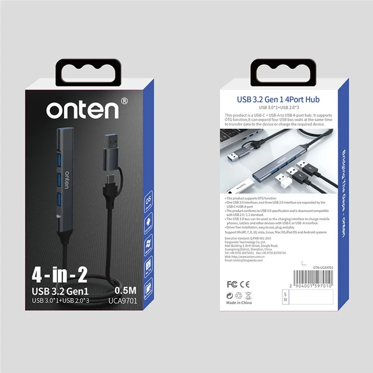 ONTEN UCA9701 USB-A / C Splitter USB 3.0 + 3xUSB 2.0 Computer Expansion Dock OTG Adapter - Grey