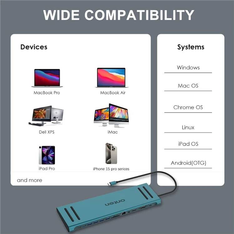 ONTEN 9199A 13 in 1 Multiport Hub Docking Station Gigabit Ethernet 4K HD USB-C PD3.0 Adapter