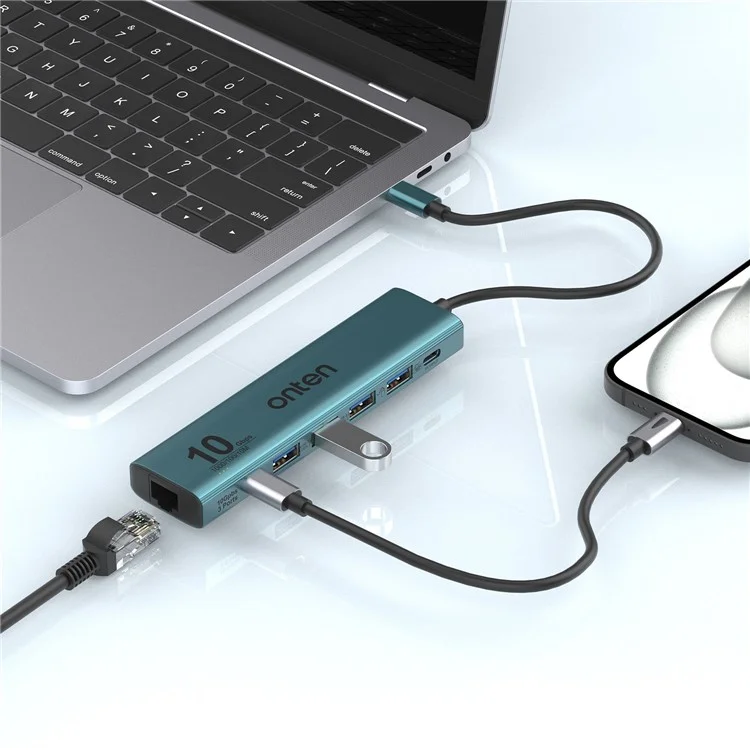 ONTEN UC616 Adattatore USB-C a Ethernet Gigabit Hub con 3 USB3.2 Gen2 + 2 USB2.0 + Porta di Alimentazione USB-C