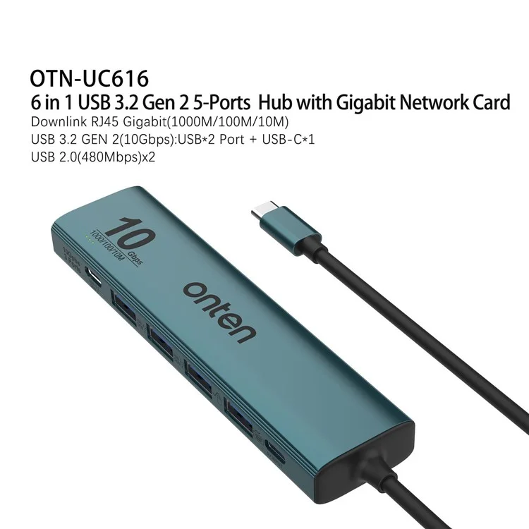 ONTEN UC616 Adattatore USB-C a Ethernet Gigabit Hub con 3 USB3.2 Gen2 + 2 USB2.0 + Porta di Alimentazione USB-C