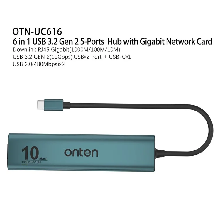 ONTEN UC616 Adattatore USB-C a Ethernet Gigabit Hub con 3 USB3.2 Gen2 + 2 USB2.0 + Porta di Alimentazione USB-C