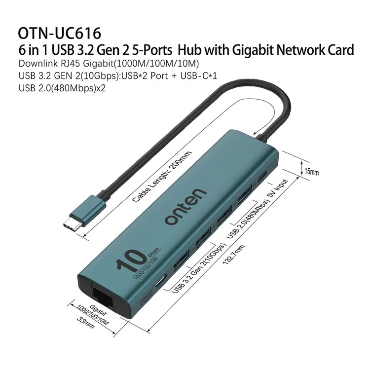ONTEN UC616 Adattatore USB-C a Ethernet Gigabit Hub con 3 USB3.2 Gen2 + 2 USB2.0 + Porta di Alimentazione USB-C