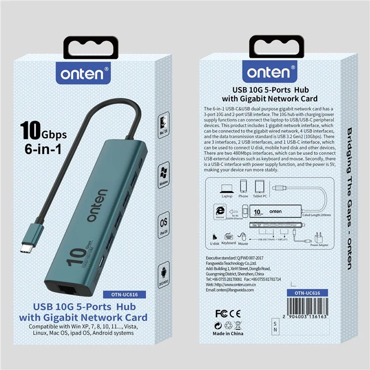 ONTEN UC616 Adattatore USB-C a Ethernet Gigabit Hub con 3 USB3.2 Gen2 + 2 USB2.0 + Porta di Alimentazione USB-C
