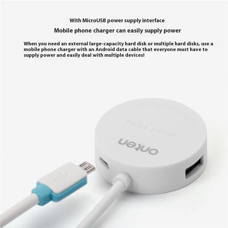 ONTEN OTN-5208 USB2.0 to 4 Port USB2.0 Hub OTG Adapter with Micro USB Power Supply Port - White