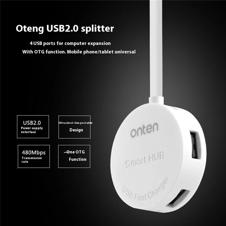 ONTEN OTN-5208 USB2.0 to 4 Port USB2.0 Hub OTG Adapter with Micro USB Power Supply Port - White