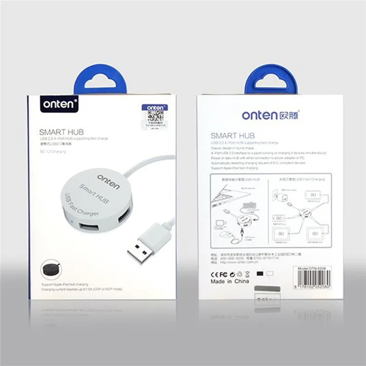 ONTEN OTN-5208 USB2.0 to 4 Port USB2.0 Hub OTG Adapter with Micro USB Power Supply Port - White