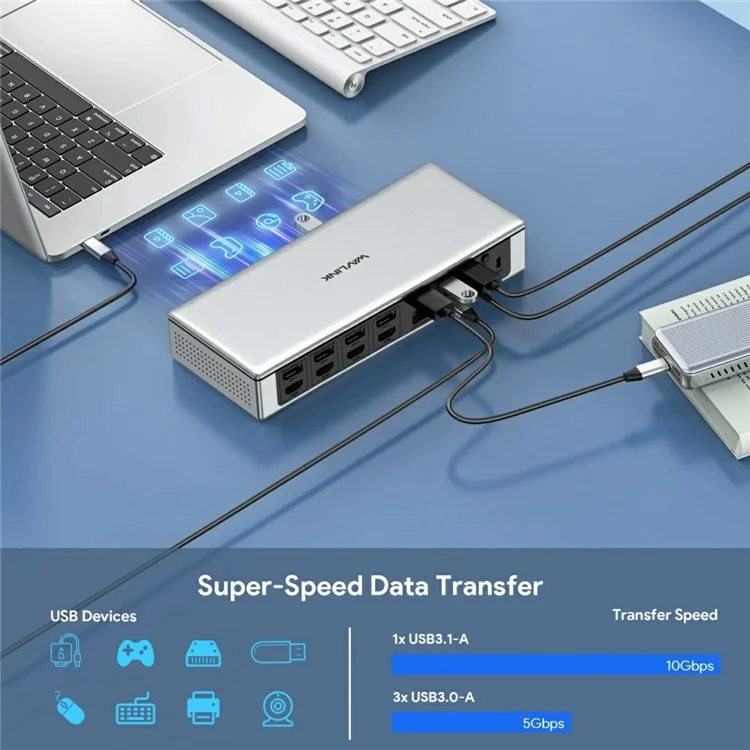 WAVLINK UG69PD12 4 Display Docking Station 4X HD 4X DP 2.5G Ethernet USB-A / USB-C SD / TF 4.0 Displaylink with PD 100W Adapter - EU Plug