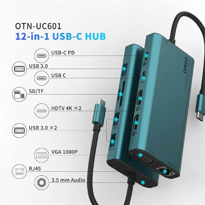 ONTEN UC601 USB 3.0 Hub Docking Station Gigabit Ethernet RJ45  /  Dual HDMI 4K  /  Type-C Multifunction Adapter - Green