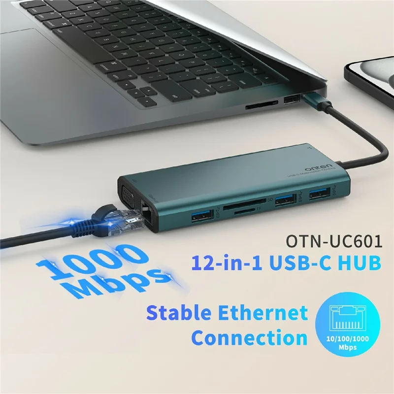ONTEN UC601 USB 3.0 Hub Docking Station Gigabit Ethernet RJ45  /  Dual HDMI 4K  /  Type-C Multifunction Adapter - Green