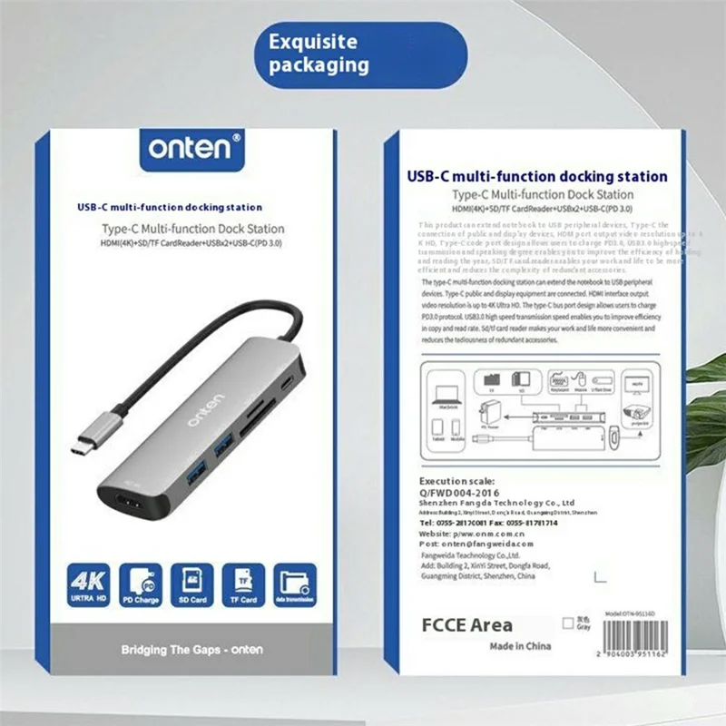 ONTEN 95116D Type-C 6 in 1 Hub Docking Station 4K HDMI USB3.0 USB2.0 PD3.0 TF SD Card Reader Adapter