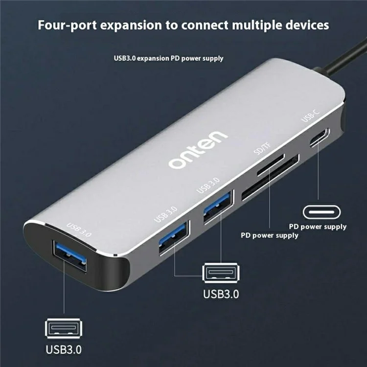 ONTEN 95116B 6 in 1 USB-C Hub 3 x USB3.0 + USB-C + SD / TF Slots Expansion Dock Adapter