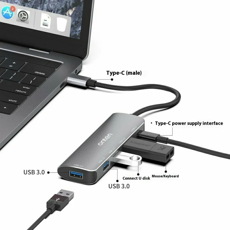 ONTEN 95116S Type-C to 4 x USB3.0 + PD3.0 Adapter Aluminum Alloy USB Hub Splitter