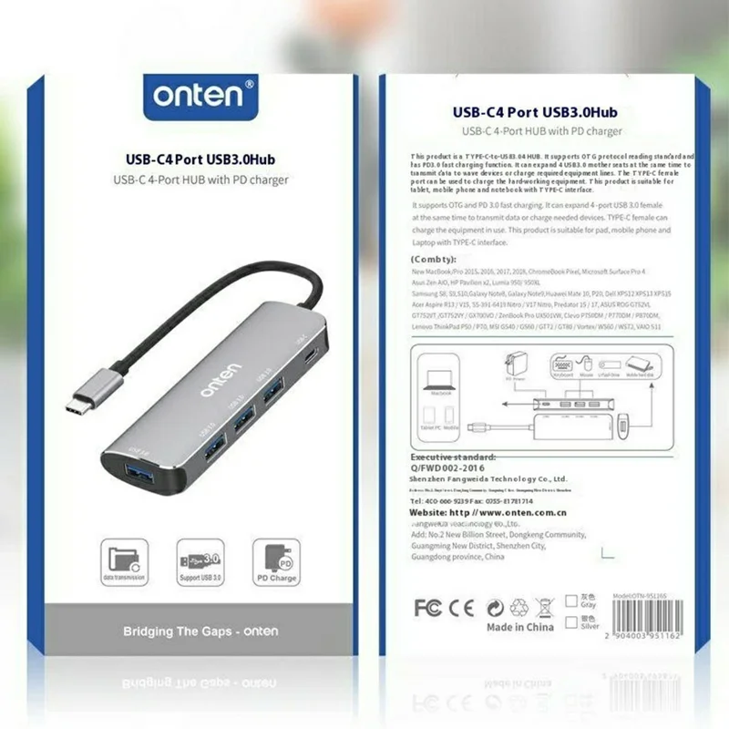 ONTEN 95116S Type-C to 4 x USB3.0 + PD3.0 Adapter Aluminum Alloy USB Hub Splitter
