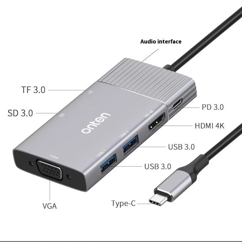 ONTEN 95113 Type-C Hub HDMI + VGA + 2 x USB3.0 + SD3.0 + TF3.0 + Audio + PD Docking Station
