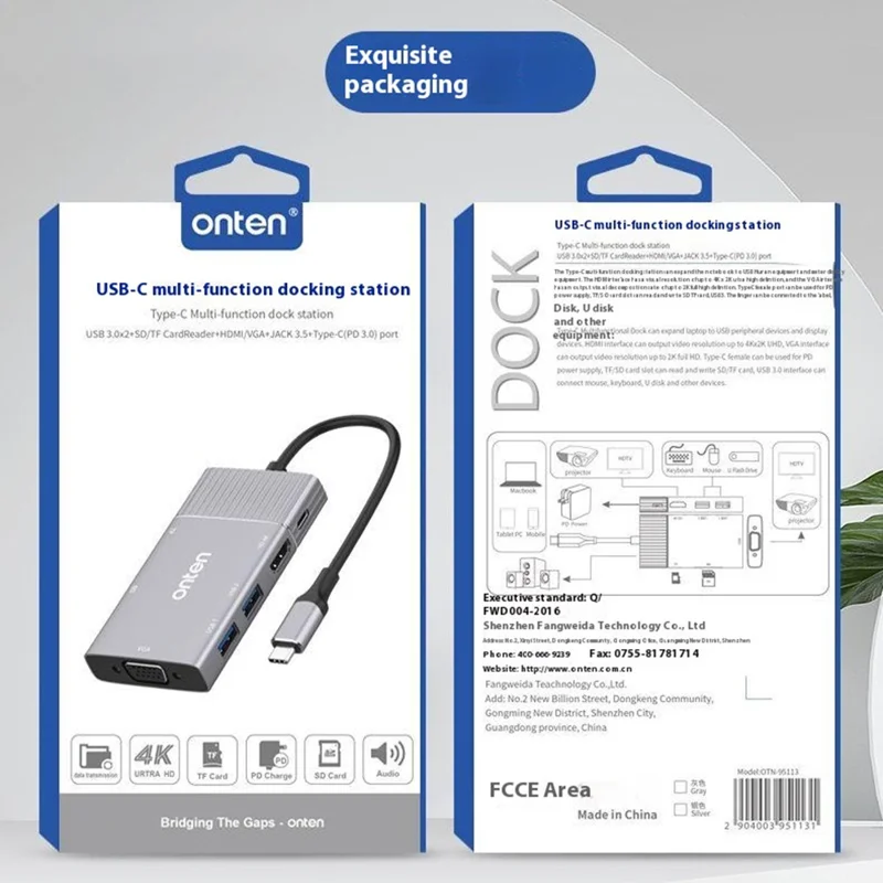 ONTEN 95113 Type-C Hub HDMI + VGA + 2 x USB3.0 + SD3.0 + TF3.0 + Audio + PD Docking Station