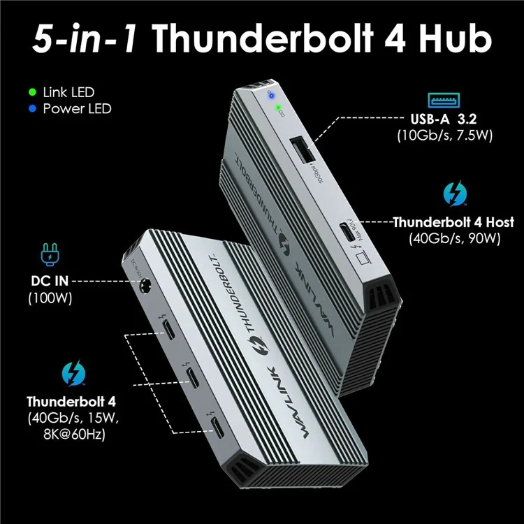WAVLINK UTD49T 1 Hub compatible con Thunderbolt 4, entrada PD de 100W, adaptador de transferencia de datos de alta velocidad USB-A 3.2 Gen 2 - Enchufe UE