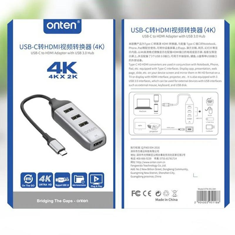 ONTEN 95118H 4 in 1 USB-C Hub 3 x USB3.0 + HDMI 4K Adapter Expansion Dock for Laptop Tablet Phone