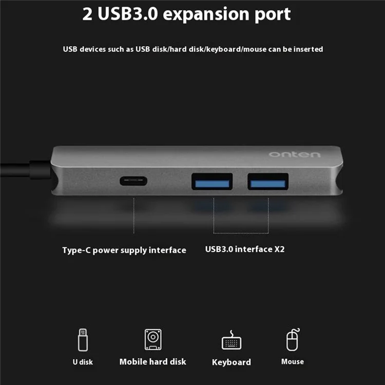 Hub Multifunction ONTEN OTN-9590 Tipo-C com Adaptador de Carregamento PD3.0, 2xUSB3.0 e Vídeo 4K 30Hz