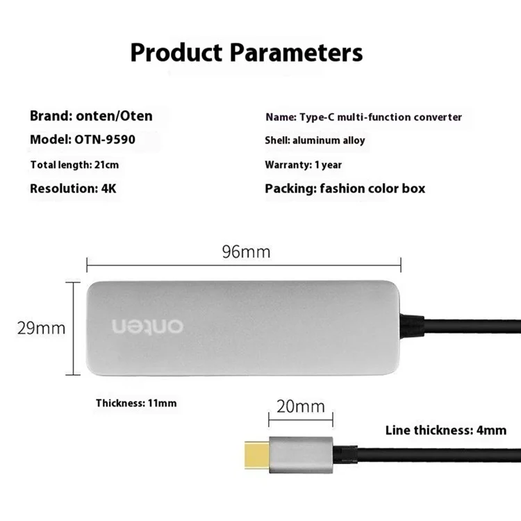 Hub Multifunction ONTEN OTN-9590 Tipo-C com Adaptador de Carregamento PD3.0, 2xUSB3.0 e Vídeo 4K 30Hz