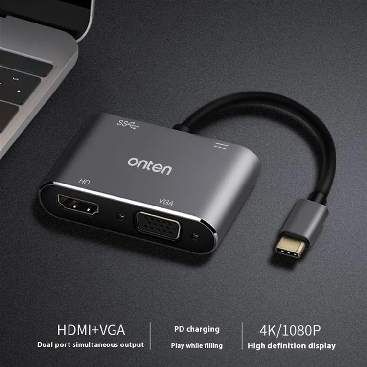 ONTEN OTN-95112 Adaptador USB-C a HDMI + VGA + USB + Type-C Convertidor de Vídeo HD 4K