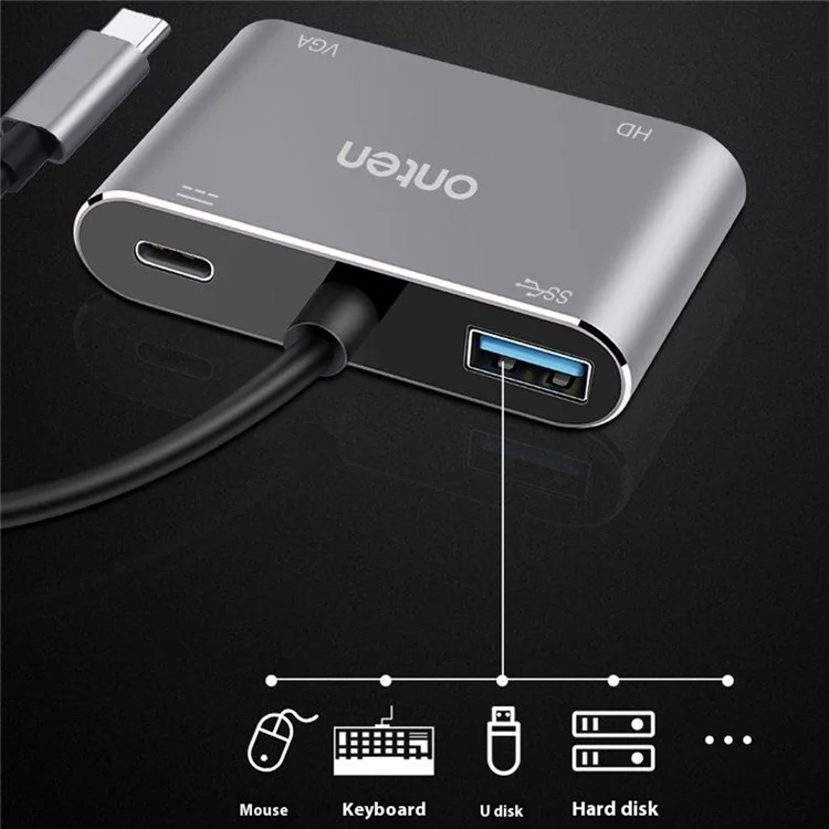 ONTEN OTN-95112 Adaptador USB-C a HDMI + VGA + USB + Type-C Convertidor de Vídeo HD 4K