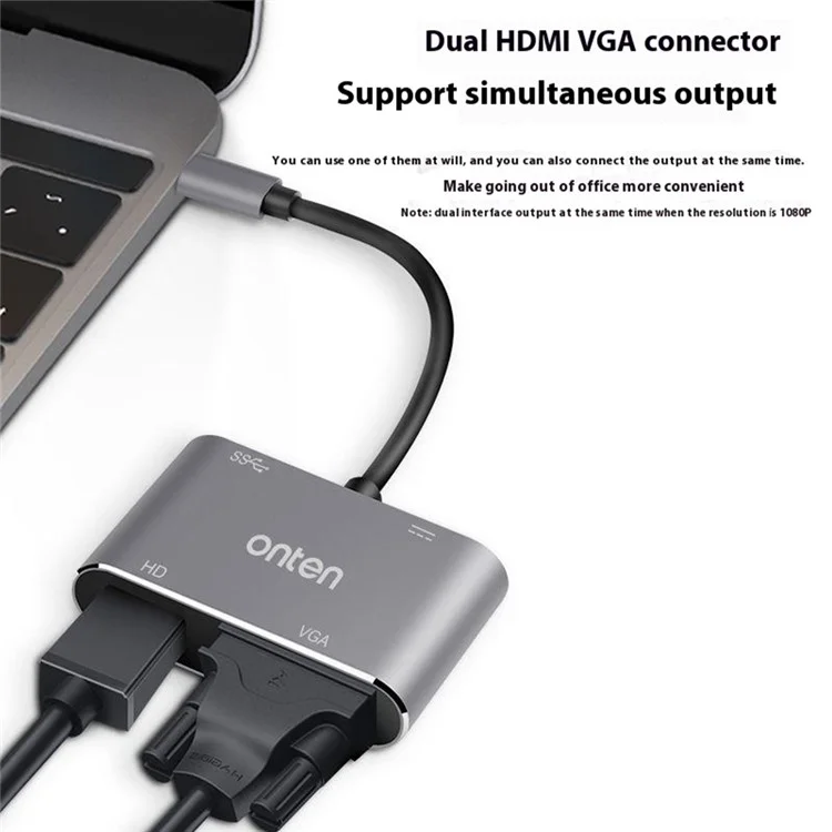 ONTEN OTN-95112 Adaptador USB-C a HDMI + VGA + USB + Type-C Convertidor de Vídeo HD 4K