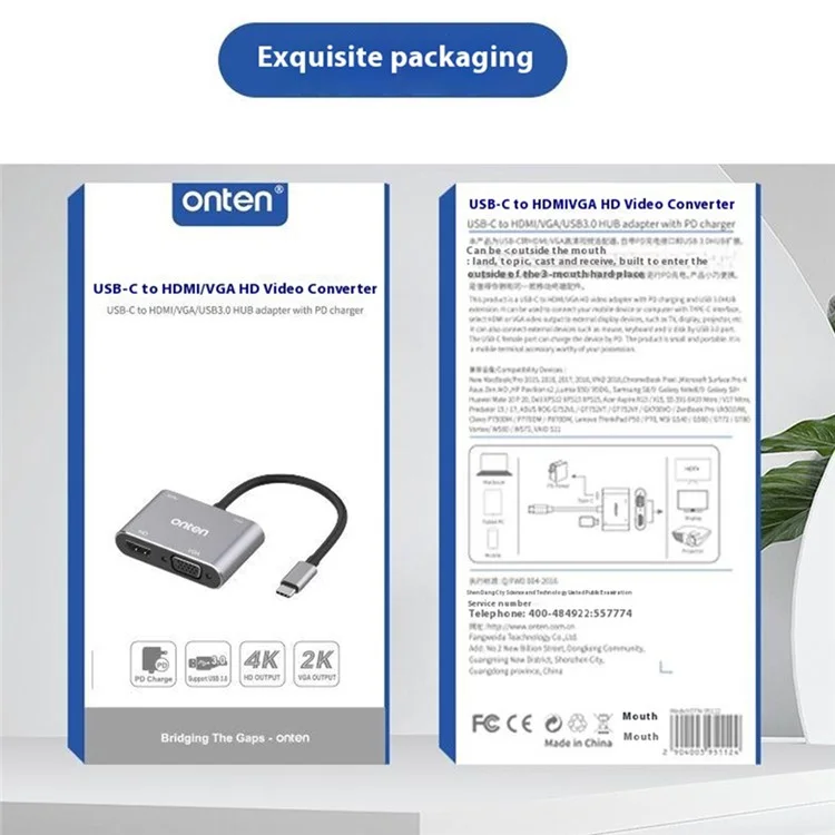 ONTEN OTN-95112 Adaptador USB-C a HDMI + VGA + USB + Type-C Convertidor de Vídeo HD 4K