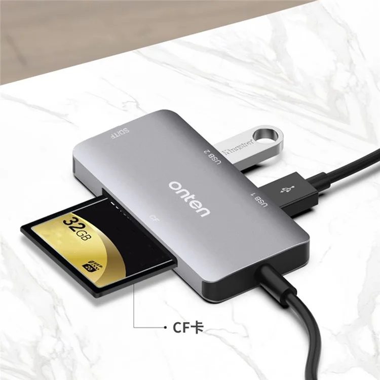 ONTEN OTN-91182 Hub USB3.0 multifonctionnel Lecteur de cartes pour appareil photo, avec Type-C vers 2 x USB3.0 + SD / TF 3.0 + CF 3.0