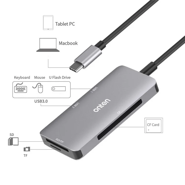 ONTEN OTN-91182 Hub USB3.0 multifonctionnel Lecteur de cartes pour appareil photo, avec Type-C vers 2 x USB3.0 + SD / TF 3.0 + CF 3.0