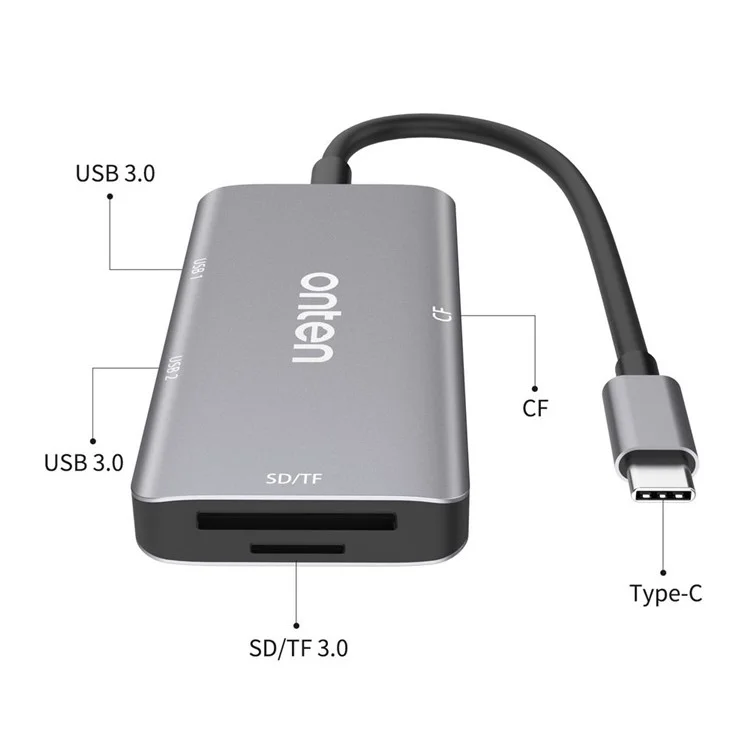 ONTEN OTN-91182 Hub USB3.0 multifonctionnel Lecteur de cartes pour appareil photo, avec Type-C vers 2 x USB3.0 + SD / TF 3.0 + CF 3.0