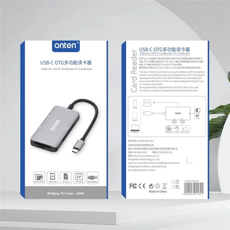 ONTEN OTN-91182 Hub USB3.0 multifonctionnel Lecteur de cartes pour appareil photo, avec Type-C vers 2 x USB3.0 + SD / TF 3.0 + CF 3.0