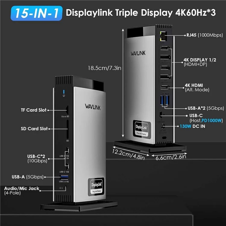 WAVLINK WL-UG69PD13Pro For MacBook M1 M2 M3 / Windows 15 in 1 Laptop Docking Station 3 HD USB C DisplayLink Hub - AU Plug