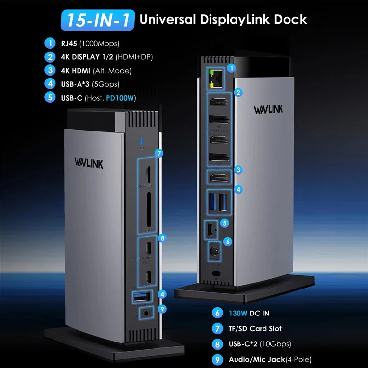 WAVLINK WL-UG69PD13Pro For MacBook M1 M2 M3 / Windows 15 in 1 Laptop Docking Station 3 HD USB C DisplayLink Hub - AU Plug