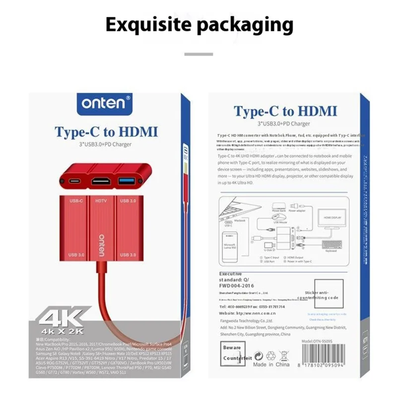 ONTEN OTN-9509S Type-C naar 4K / 2K HD + Type-C + 3xUSB3.0 Converter 5-in-1 Hub Adapter