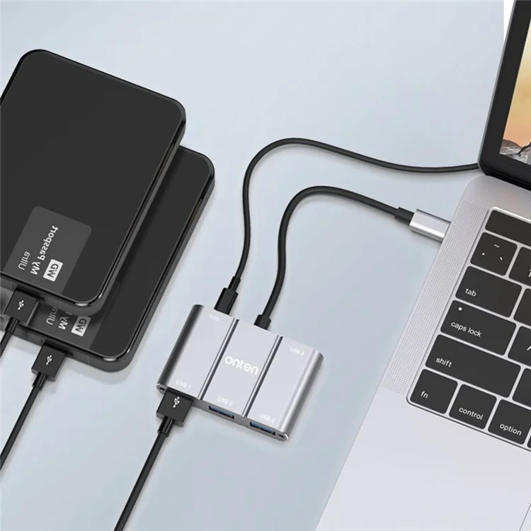 ONTEN 9506B Hub USB 3.0 Haute Vitesse 4 Ports avec Adaptateur d'Extension Type-C en Alliage d'Aluminium