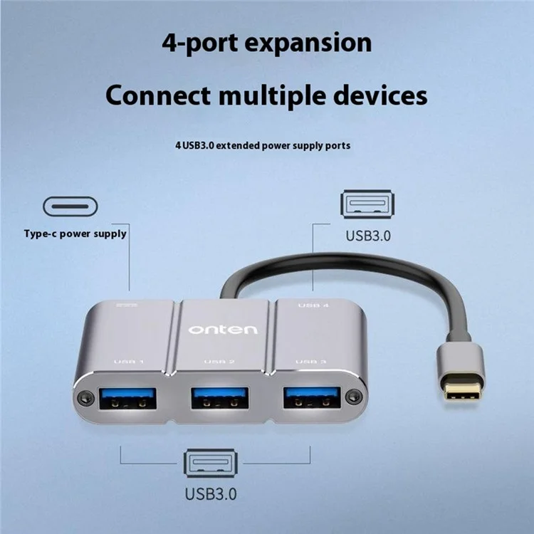 ONTEN 9506B Hub USB 3.0 Haute Vitesse 4 Ports avec Adaptateur d'Extension Type-C en Alliage d'Aluminium
