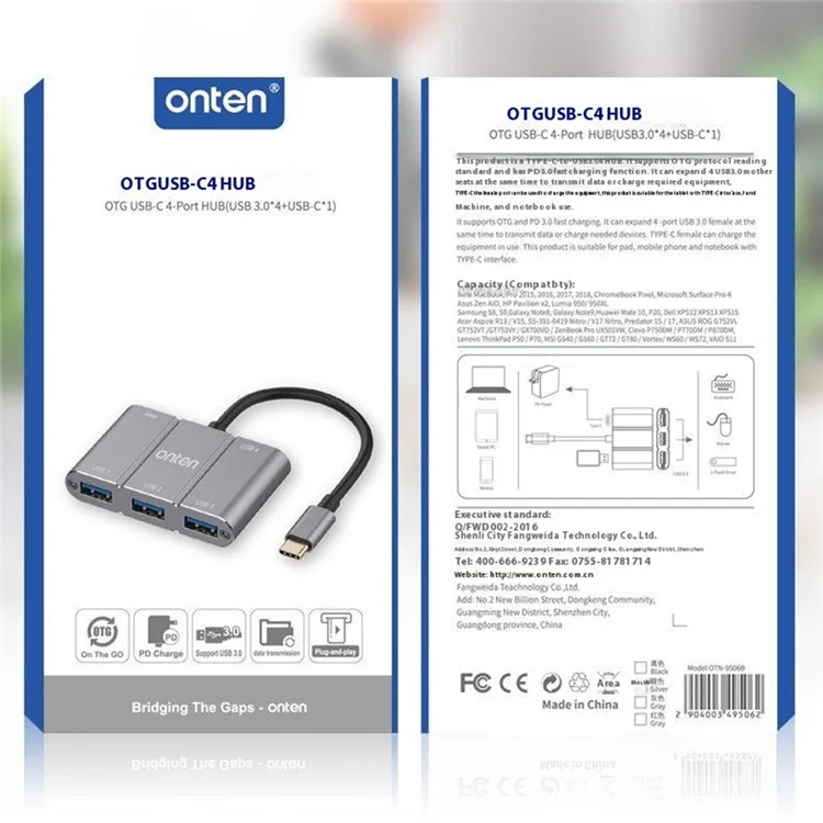 ONTEN 9506B Hub USB 3.0 Haute Vitesse 4 Ports avec Adaptateur d'Extension Type-C en Alliage d'Aluminium